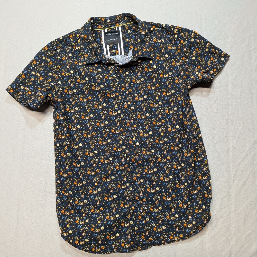 Denim & Flower Boys Beachy Floral  Button Up S/S Shirt Sz 11/12 100% Cotton